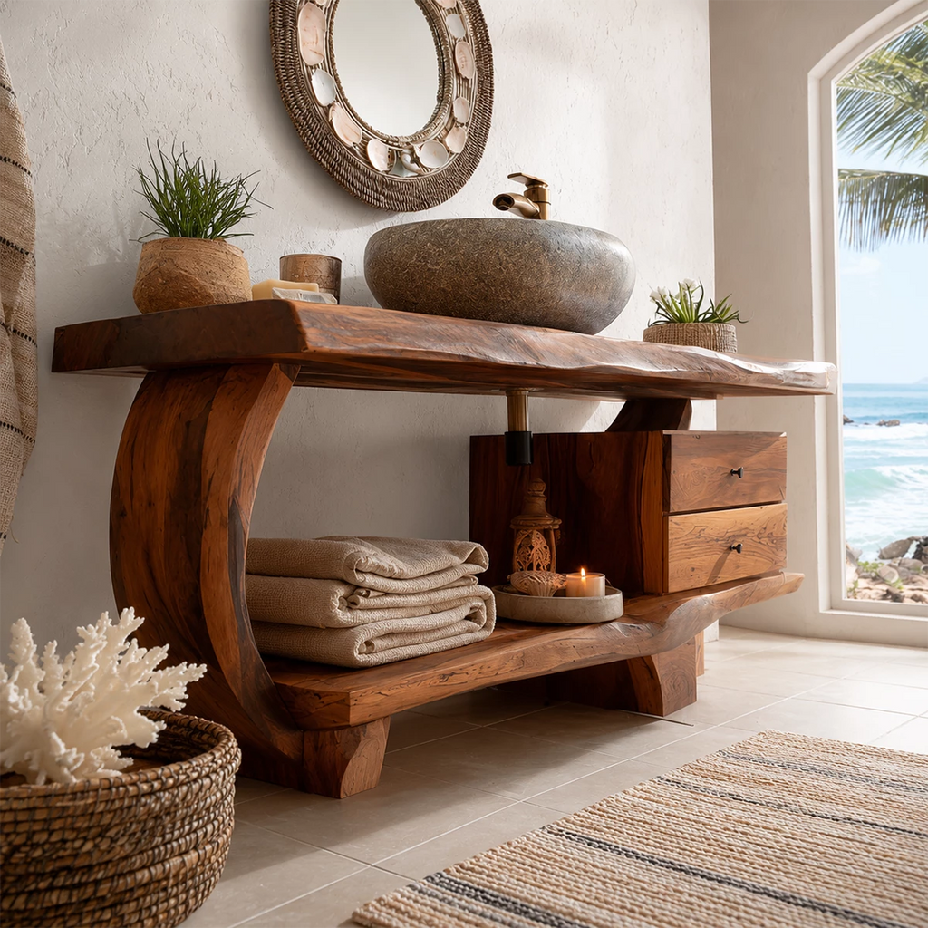 Live Edge Bathroom Vanity with Curved Open Shelf in Natural Solid Wood
