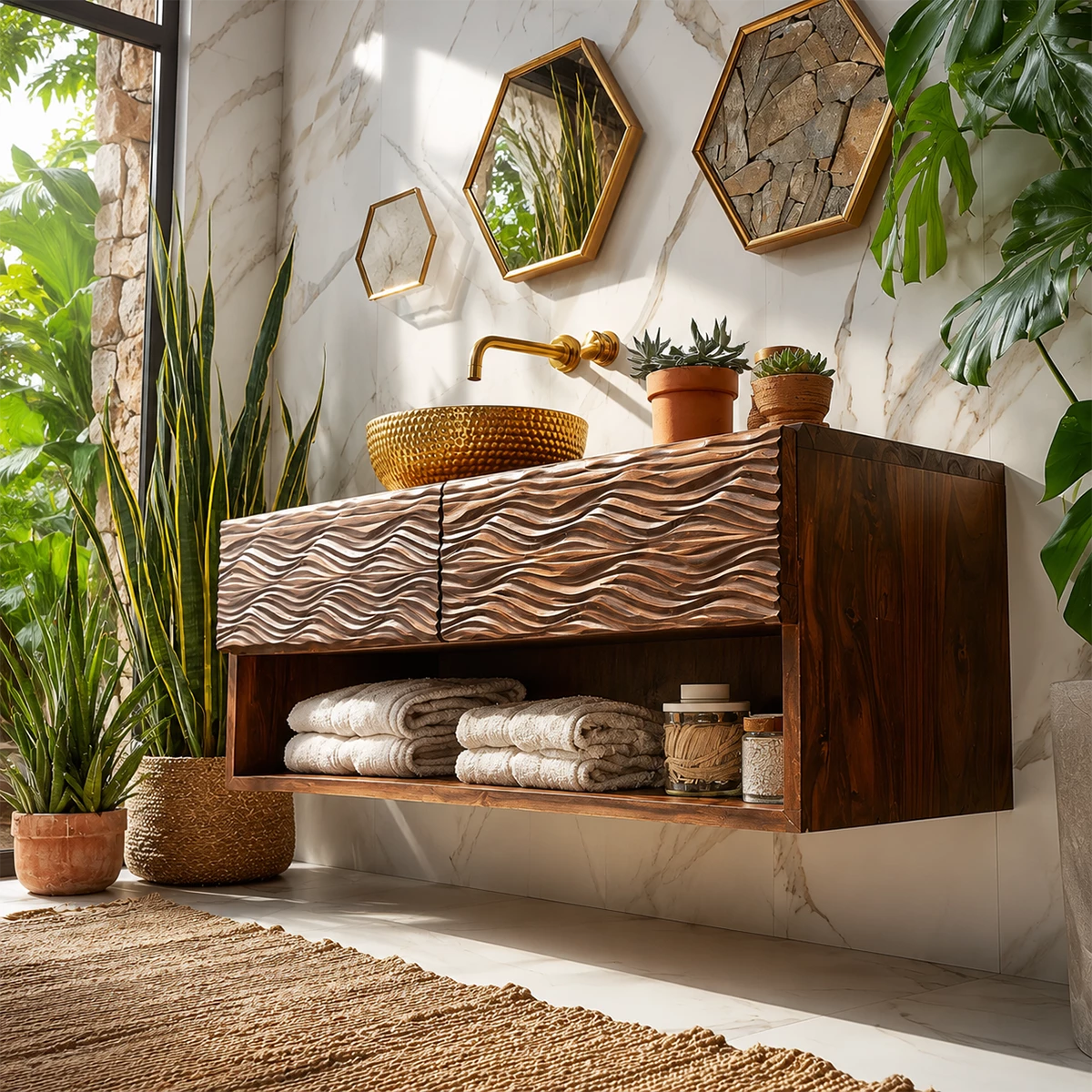Floating Solid Wood Bathroom Vanity with Carved Wave Doors and Open Shelf