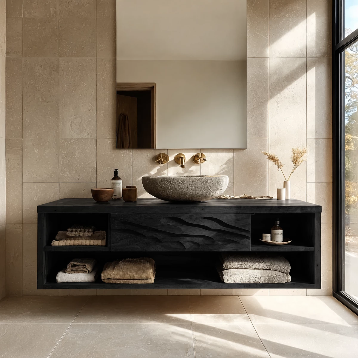 Floating Bathroom Vanity with Wave-Carved Drawer in Natural Solid Wood