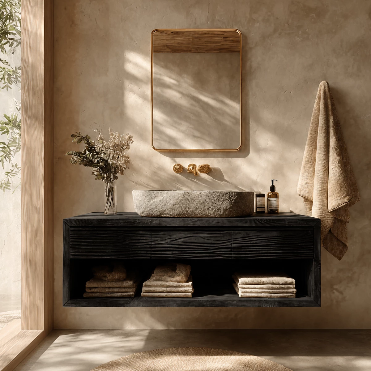 Floating Bathroom Vanity with Textured Wood Drawers and Open Shelf in Natural Solid Wood