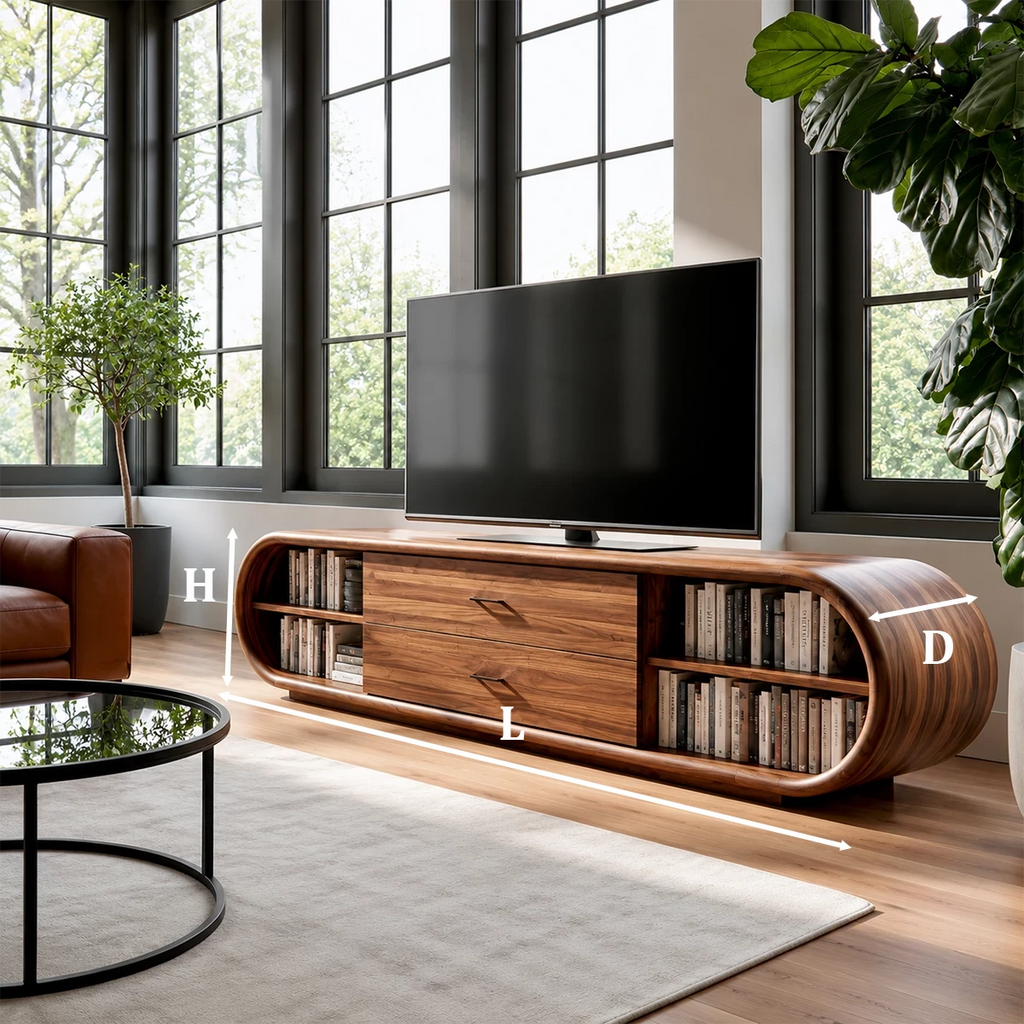 Natural Solid Wood TV Stand with Two Drawers and Rounded Open Shelves