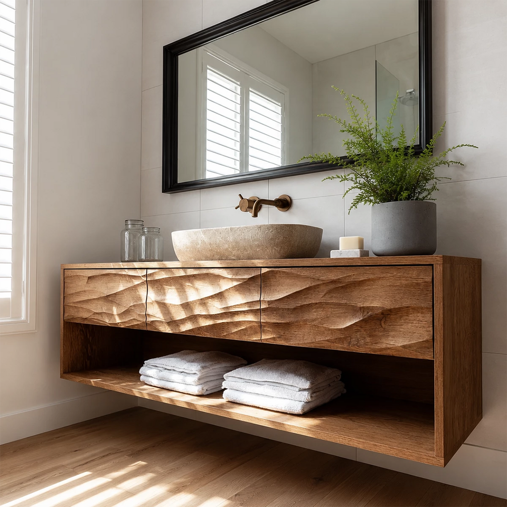 Floating Bathroom Vanity with Hand-Carved Wave Drawers in Natural Solid Wood