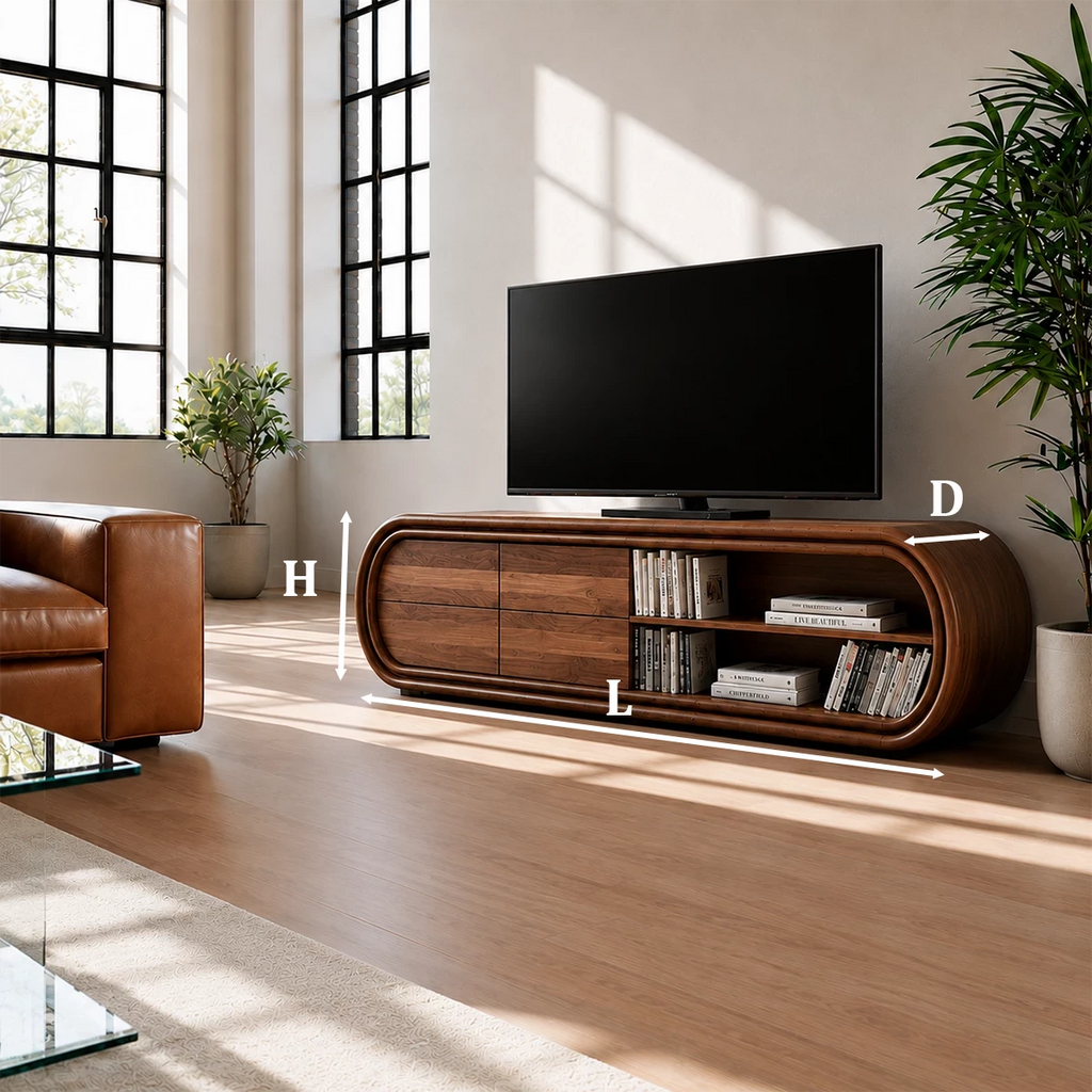 Natural Solid Wood TV Stand with Four Drawers and Rounded Open Shelves