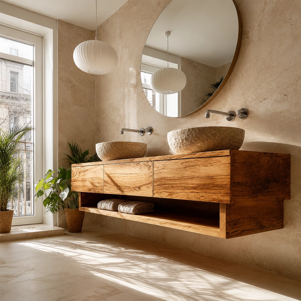 Double Sink Floating Bathroom Vanity with Open Shelf in Natural Solid Wood