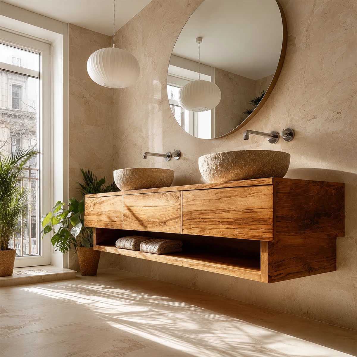 Double Sink Floating Bathroom Vanity with Open Shelf in Natural Solid Wood
