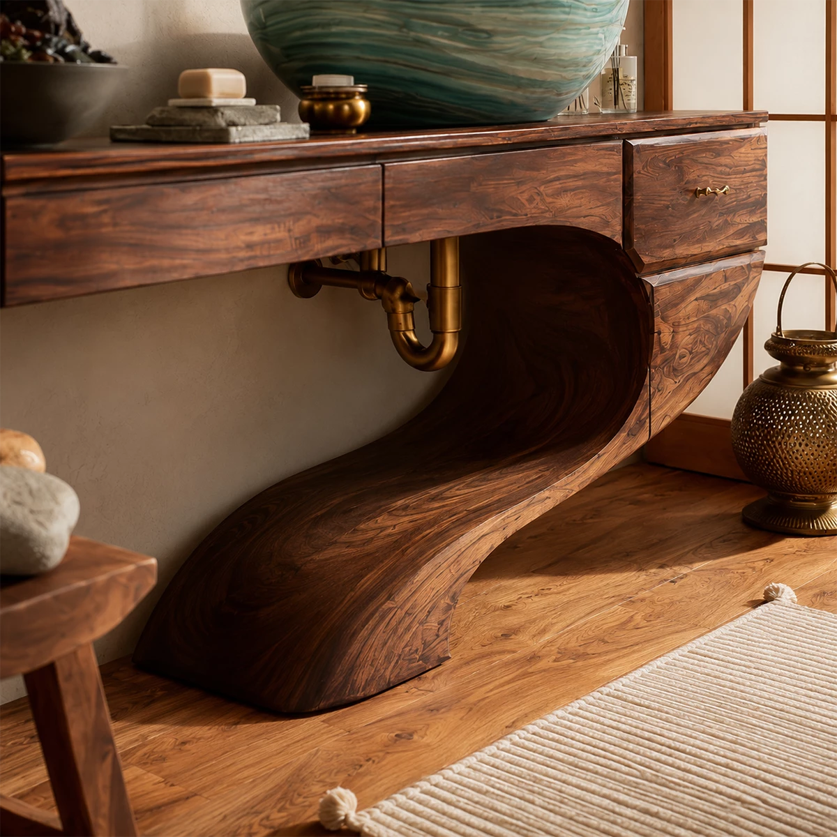Floating Bathroom Vanity with Sculptural S-Curve Base in Natural Solid Wood