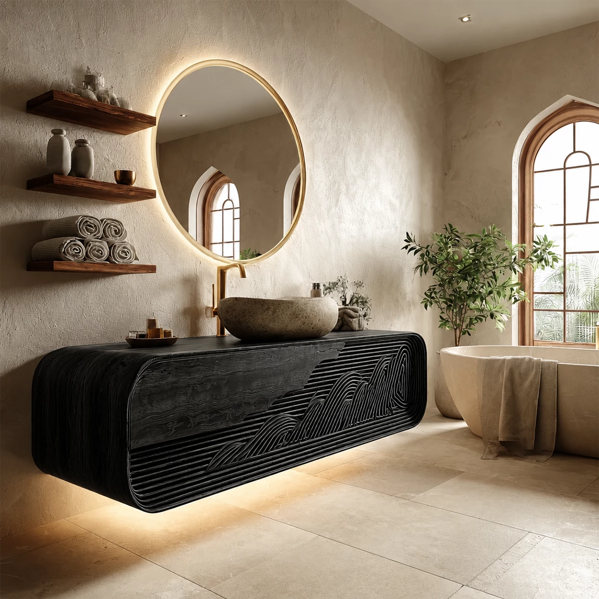 Floating Solid Wood Bathroom Vanity with Mountain Relief Front Design