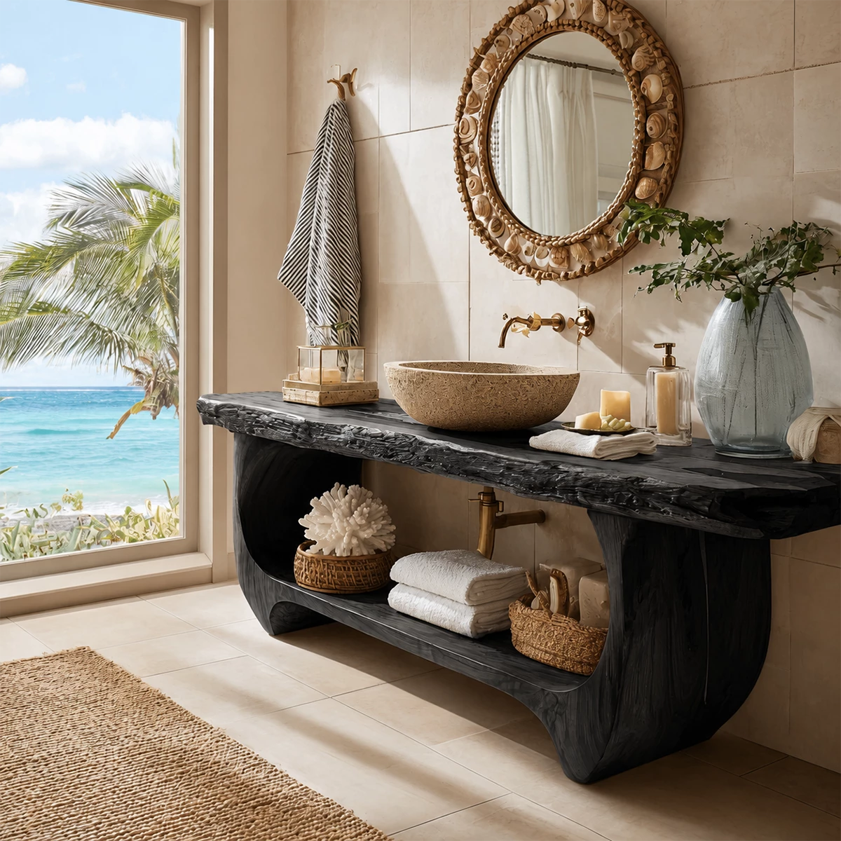 Live Edge Bathroom Vanity with Sculptural Open Shelf in Natural Solid Wood