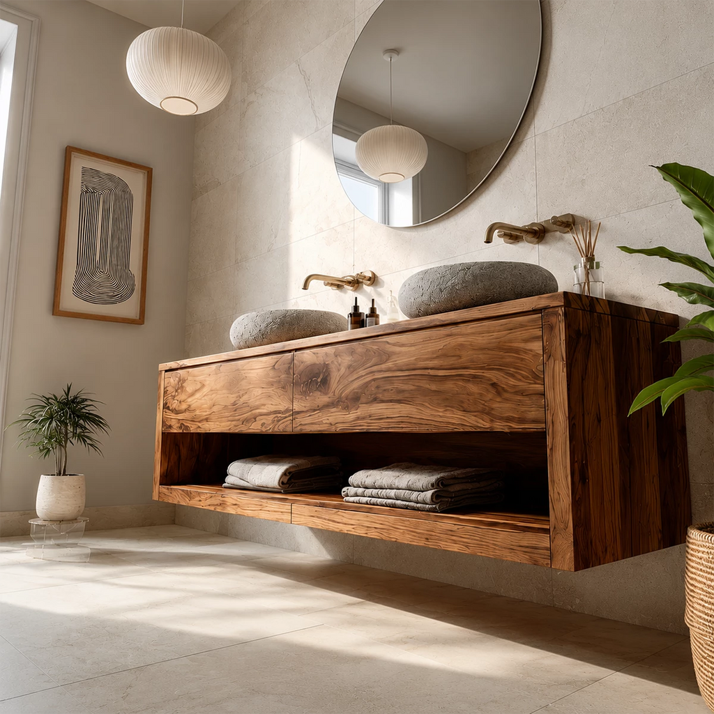 Floating Double Sink Solid Wood Bathroom Vanity with Open Shelf Storage
