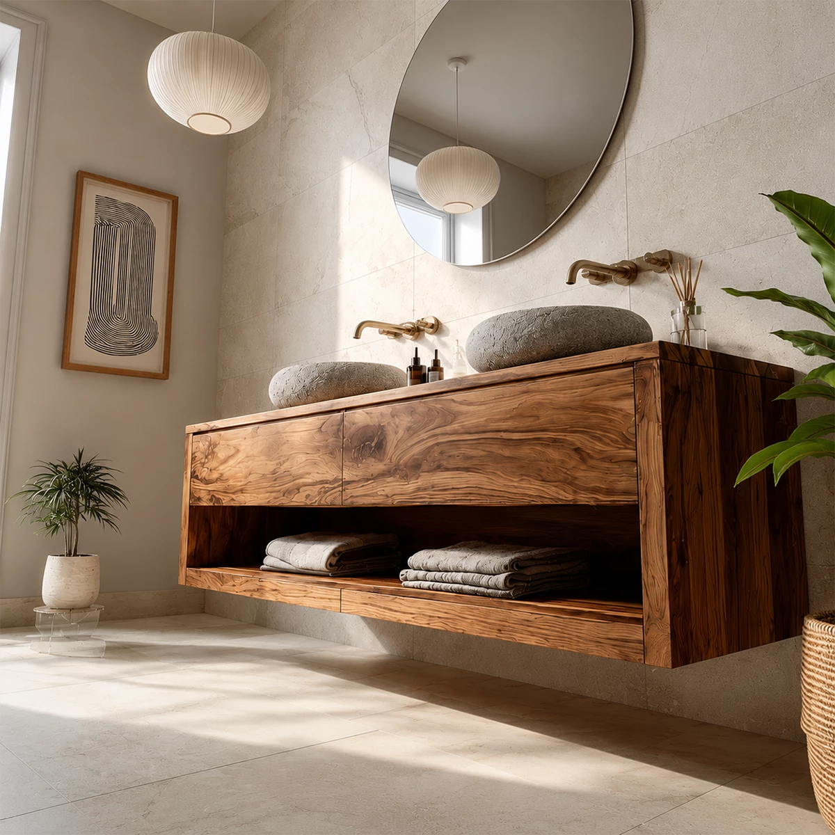 Floating Double Sink Solid Wood Bathroom Vanity with Open Shelf Storage