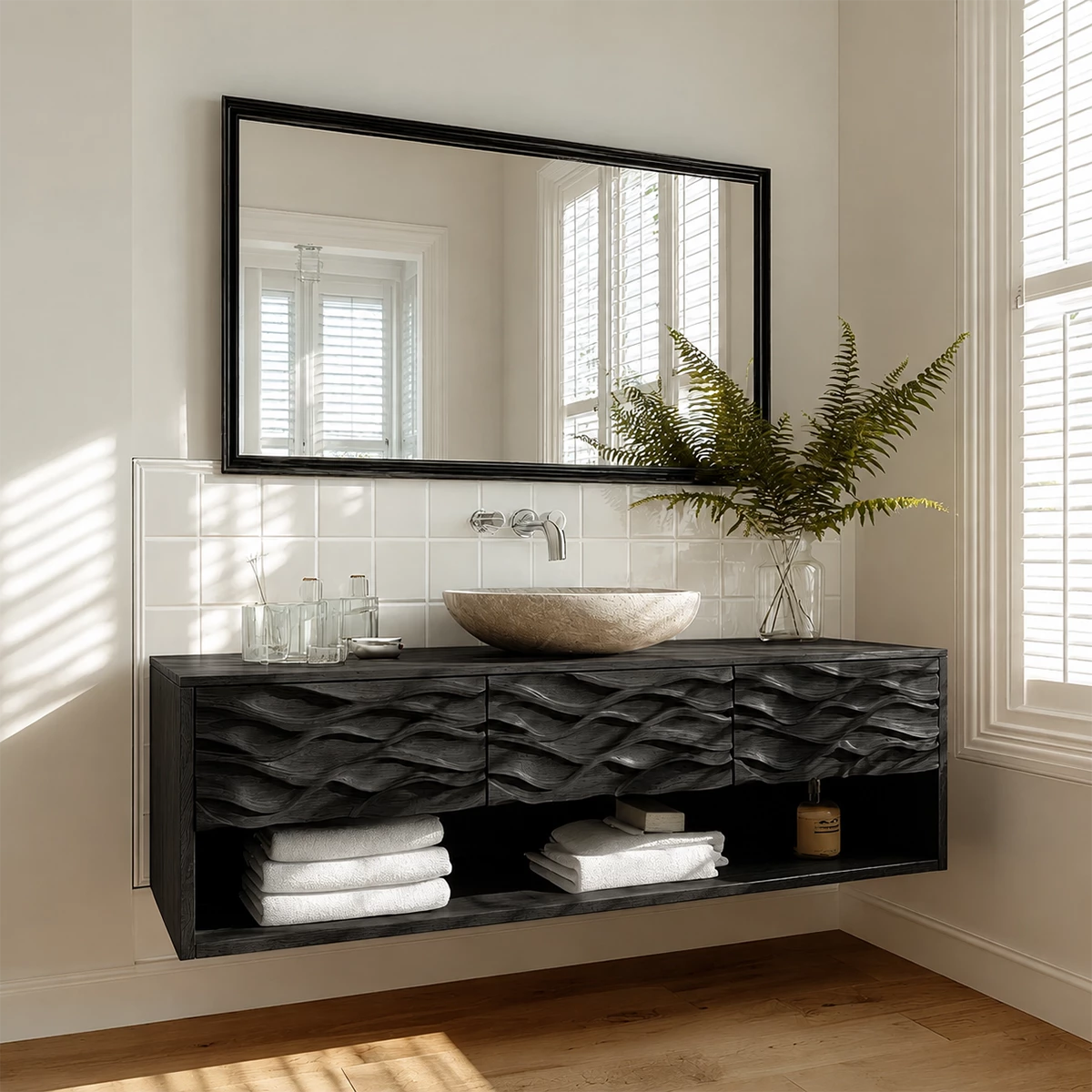 Floating Solid Wood Bathroom Vanity with Carved Wave Front and Open Shelf