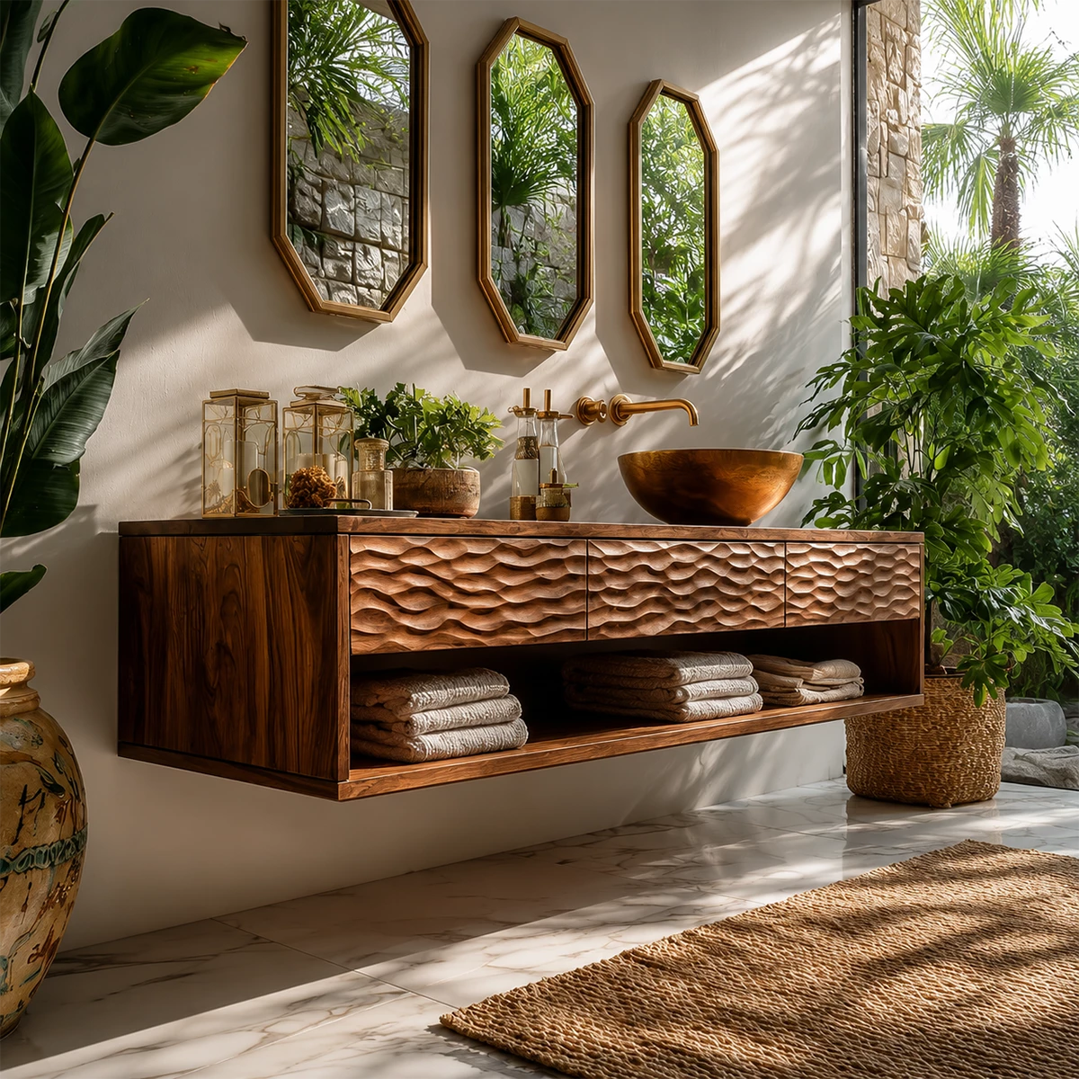 Handcrafted Floating Bathroom Vanity with Carved Drawer Fronts in Natural Solid Wood
