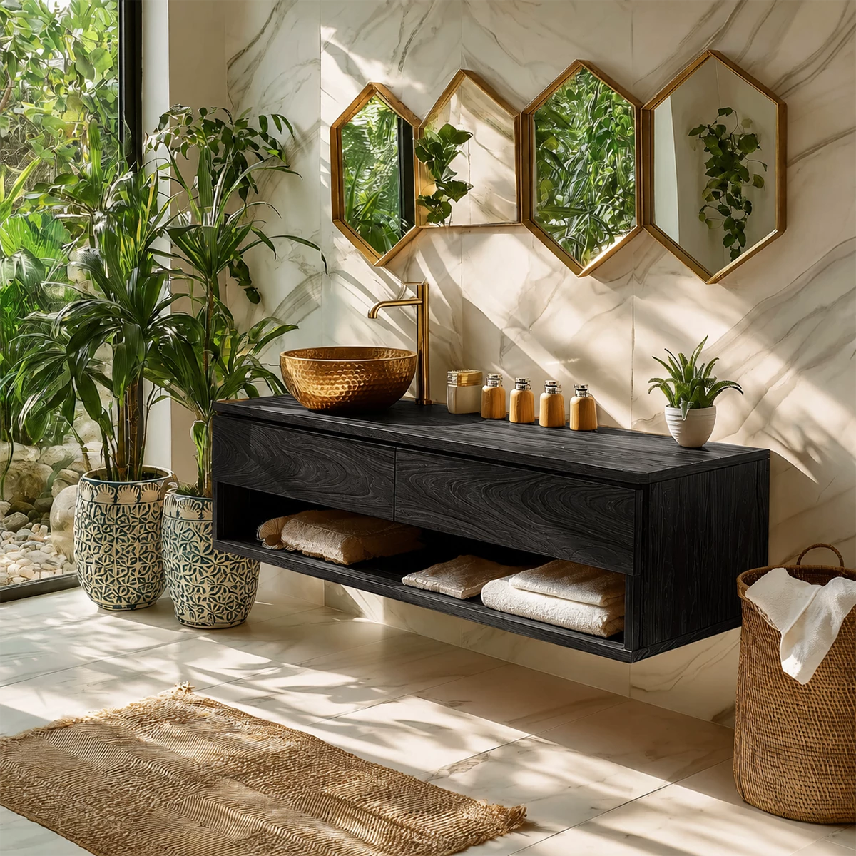Floating Bathroom Vanity with Open Shelf and Dual Drawers in Natural Solid Wood