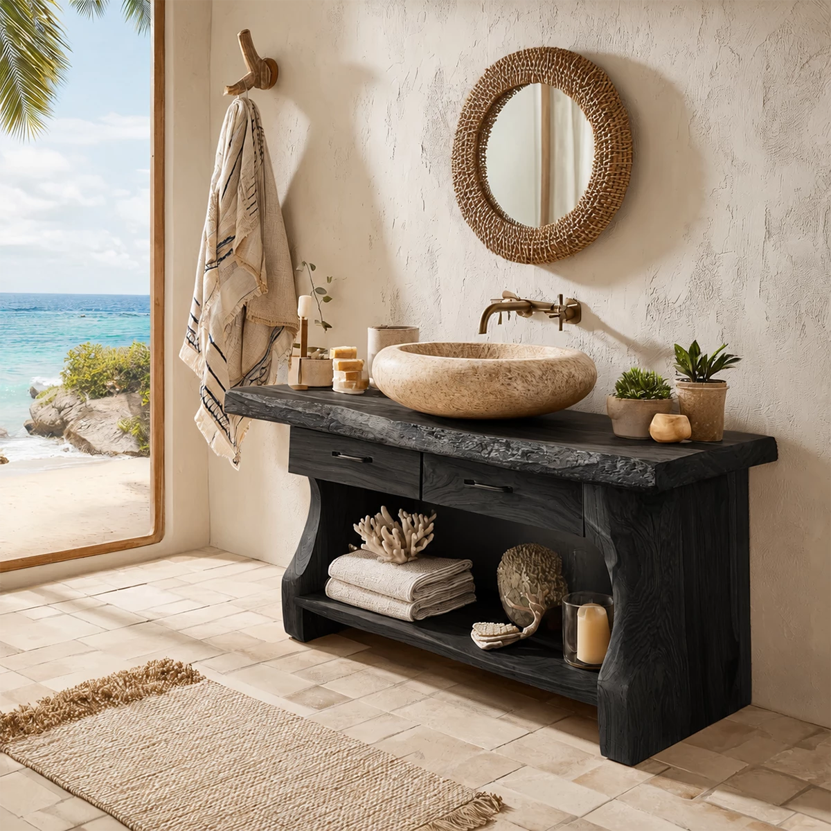 Live Edge Bathroom Vanity with Open Shelf in Natural Solid Wood