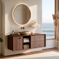 Natural Solid Wood Floating Bathroom Vanity with Door, Shelves and 2 Drawers