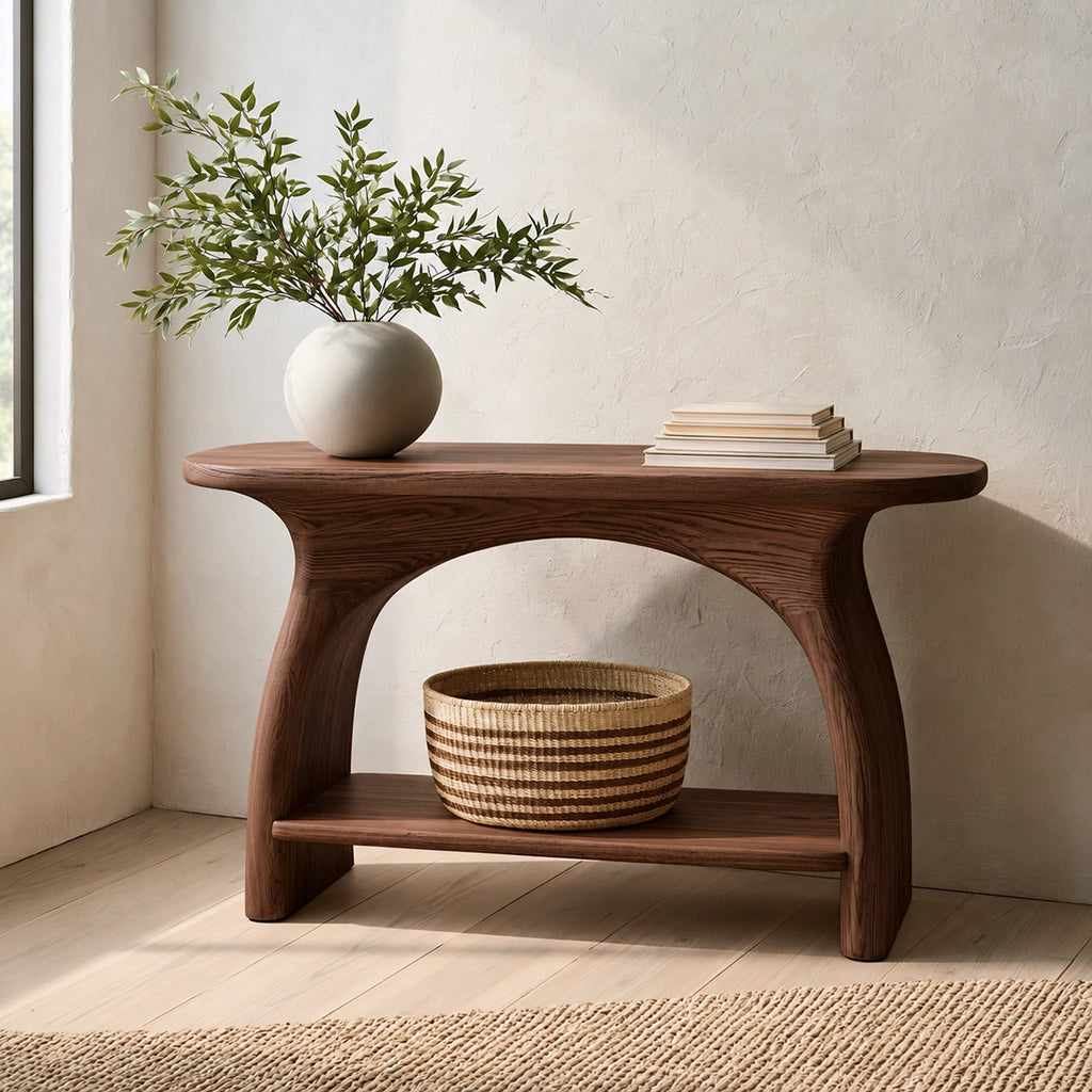 Natural Solid Wood Console Table with Sculptural Arch Base and Open Shelf