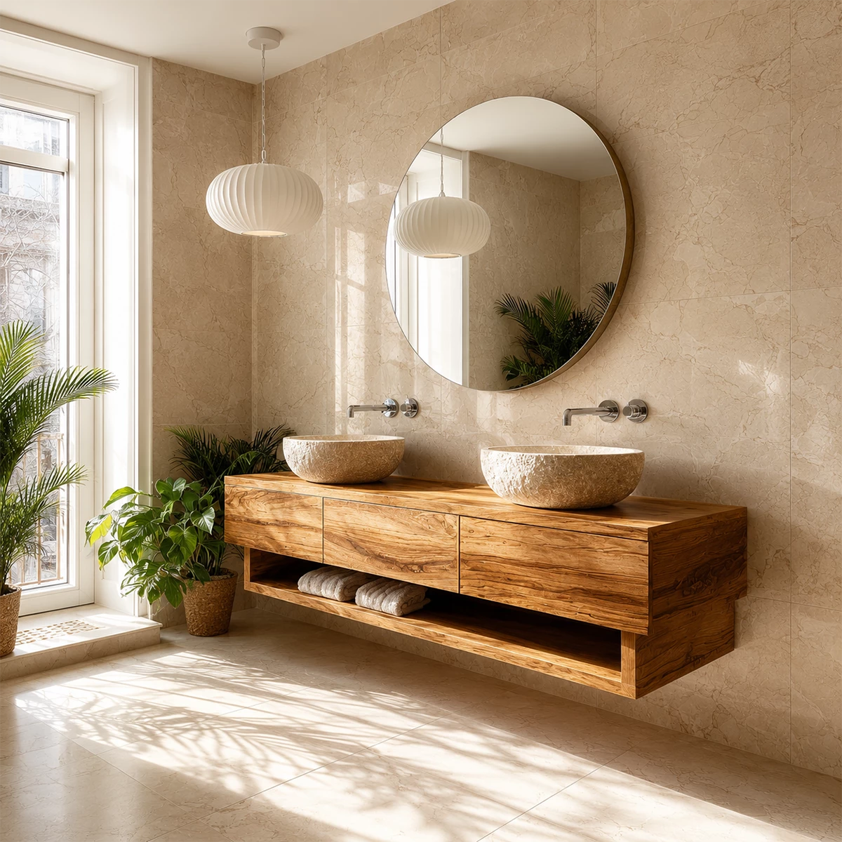 Double Sink Floating Bathroom Vanity with Open Shelf in Natural Solid Wood