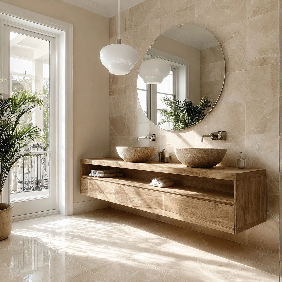 Double Sink Floating Bathroom Vanity with Open Shelf in Natural Solid Wood
