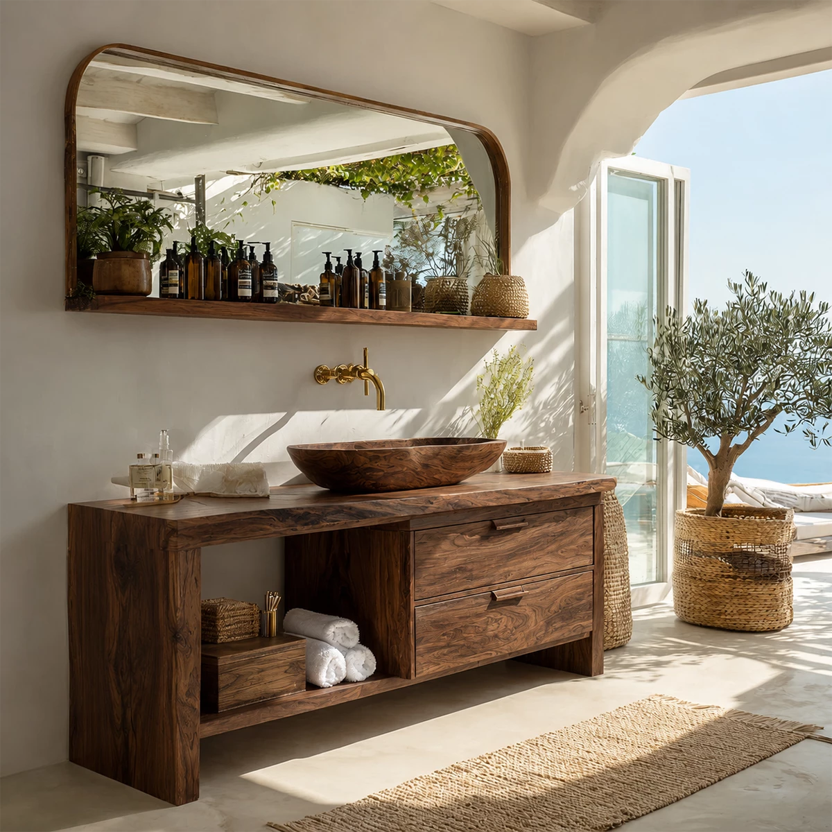 Live Edge Bathroom Vanity with Open Shelf and Dual Drawers in Natural Solid Wood