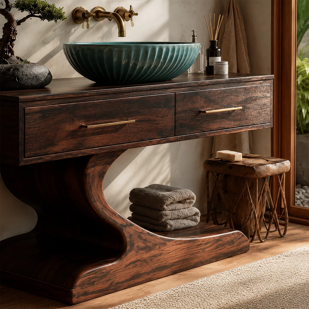 Modern Floating Bathroom Vanity with Sculptural Pedestal in Natural Solid Wood