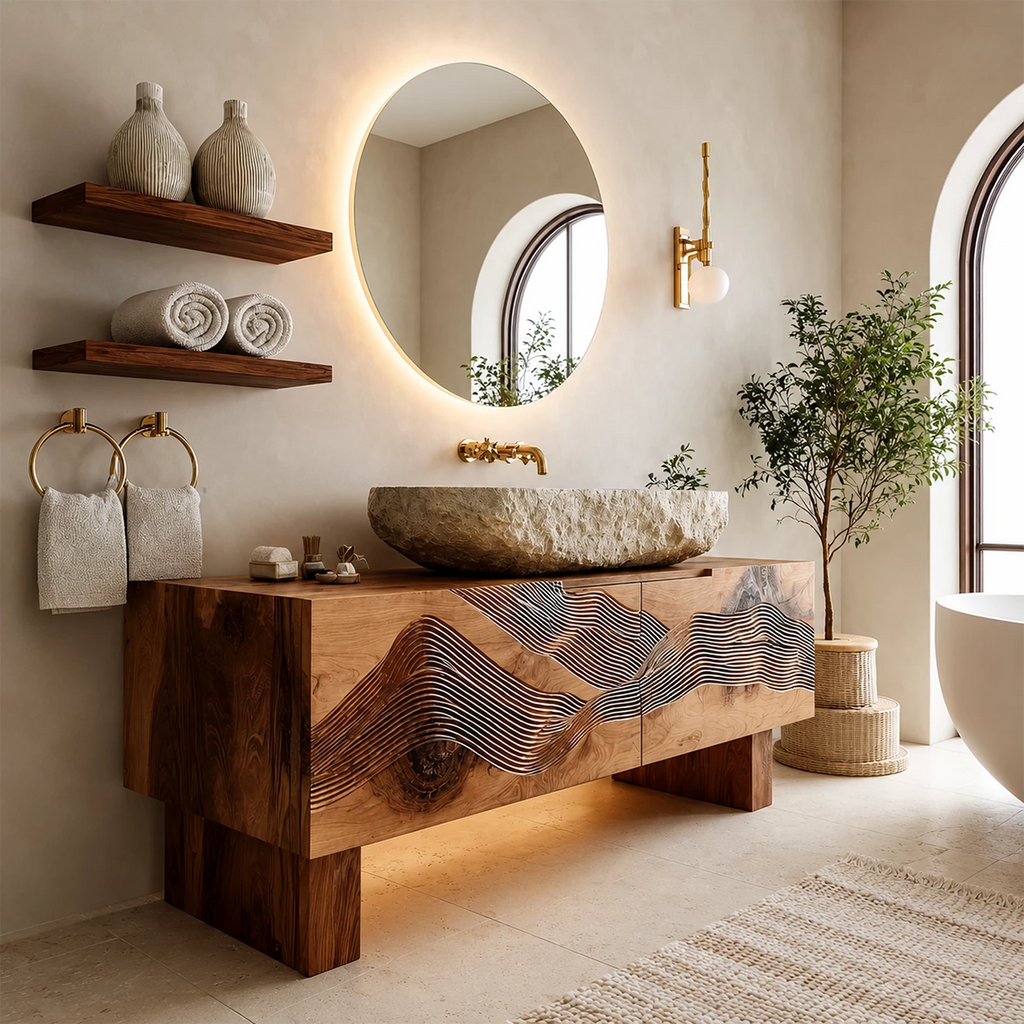 Artistic Bathroom Vanity with Layered Wave Carved Front in Natural Solid Wood