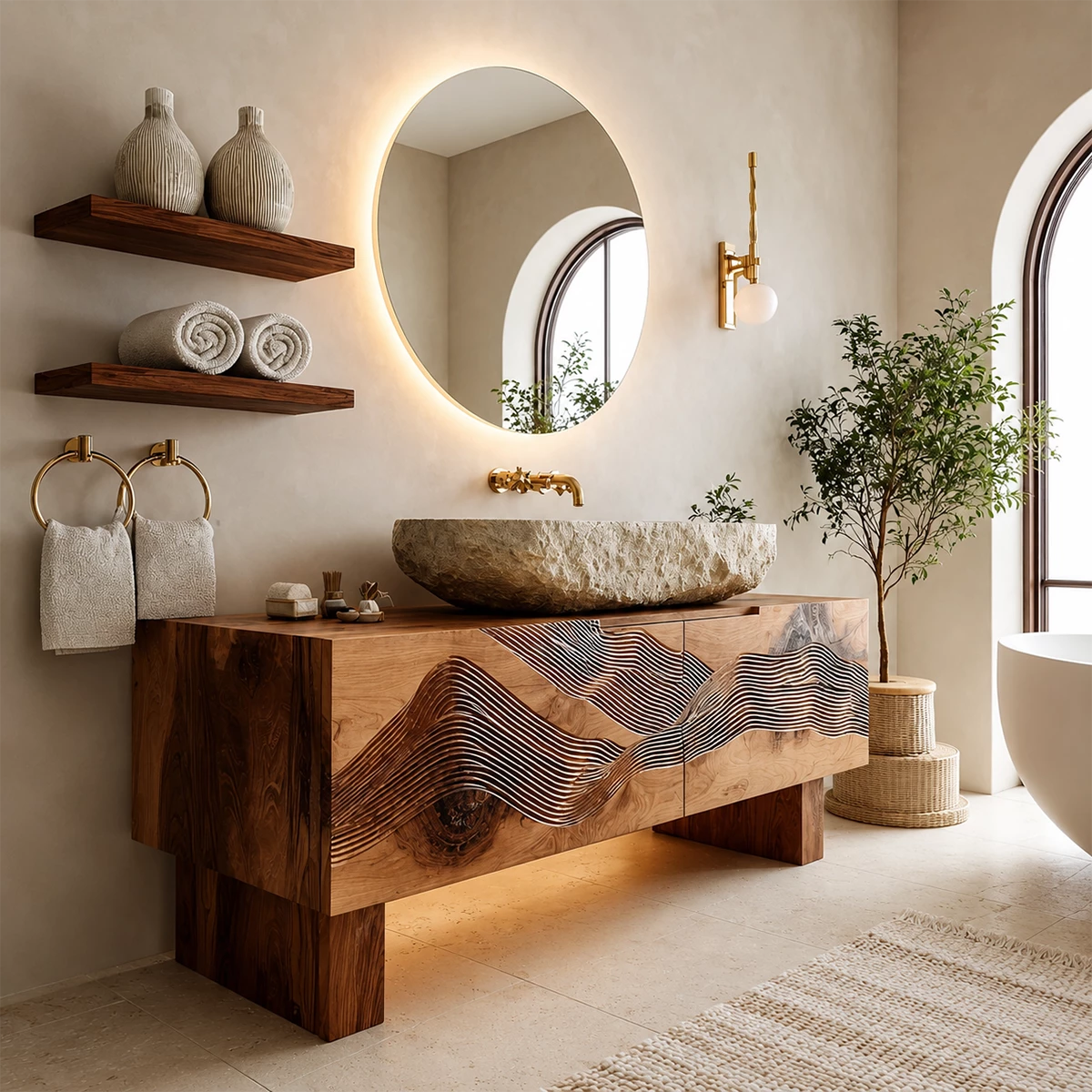 Artistic Bathroom Vanity with Layered Wave Carved Front in Natural Solid Wood