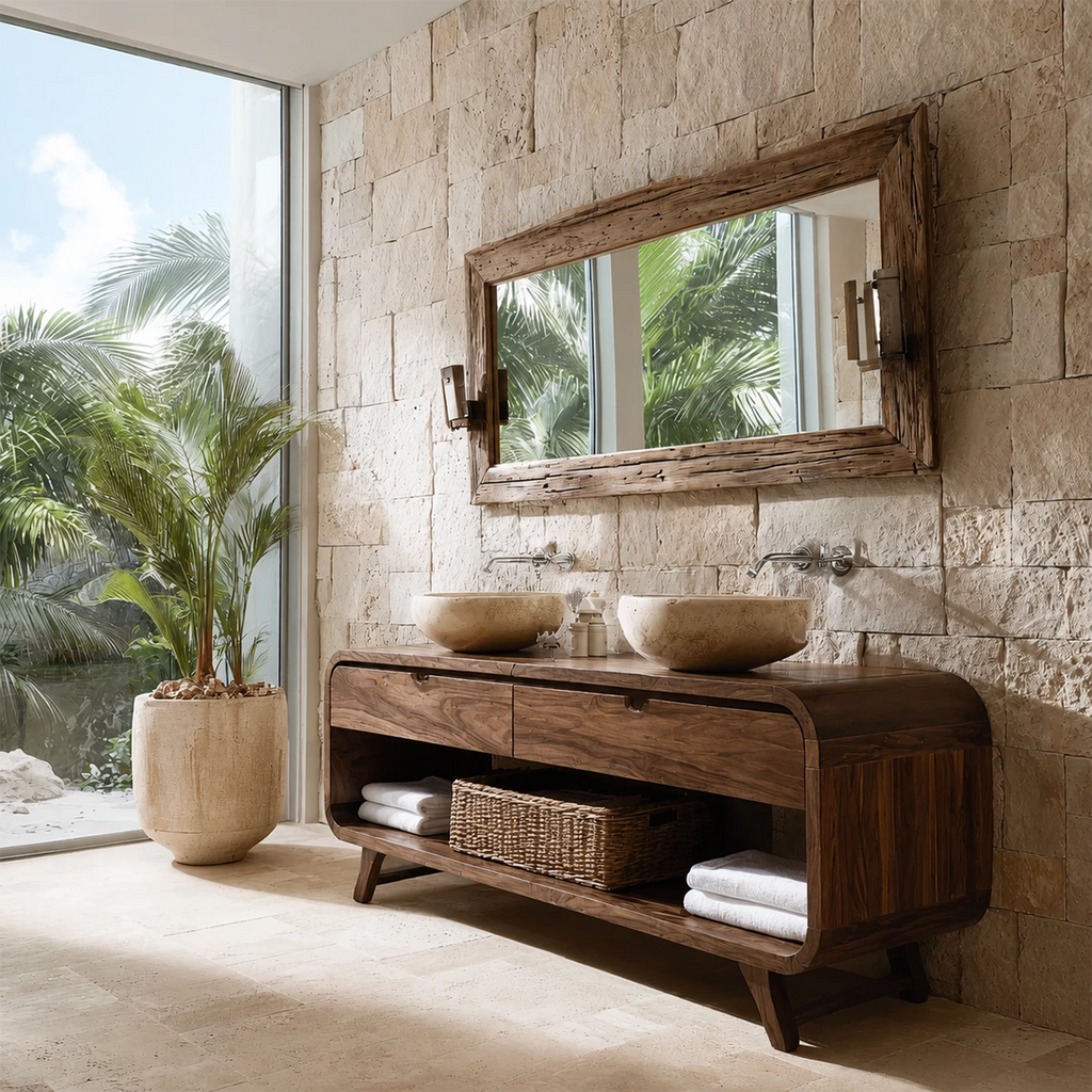 Double Sink Bathroom Vanity with Rounded Corners in Natural Solid Wood