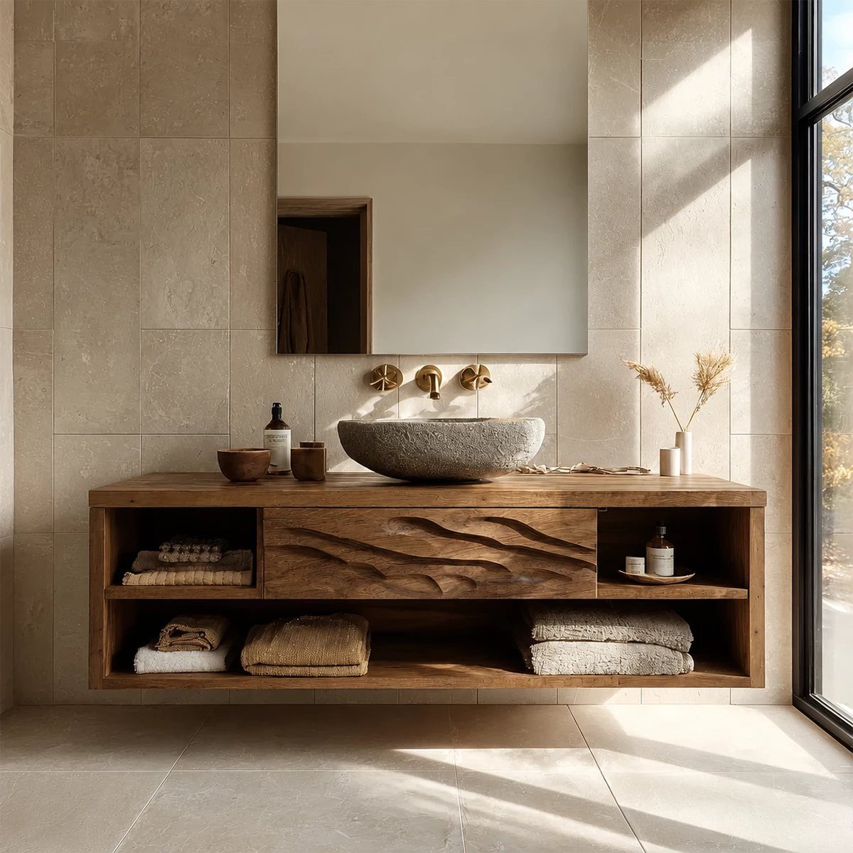 Floating Bathroom Vanity with Wave-Carved Drawer in Natural Solid Wood