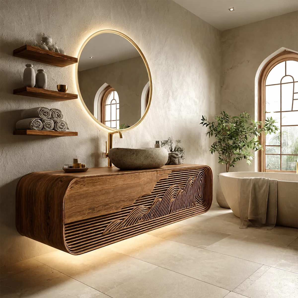 Floating Solid Wood Bathroom Vanity with Mountain Relief Front Design