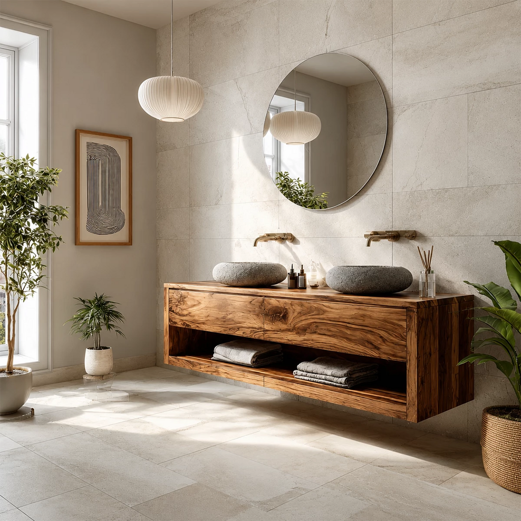 Floating Double Sink Solid Wood Bathroom Vanity with Open Shelf Storage