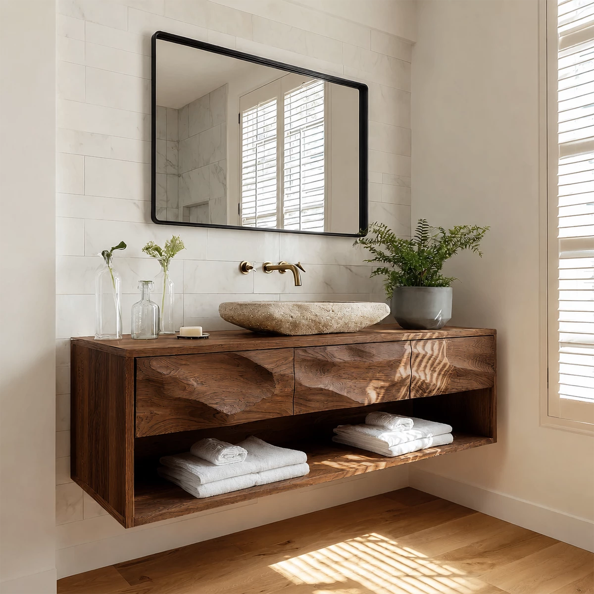 Floating Bathroom Vanity with Sculpted Drawer Fronts in Natural Solid Wood