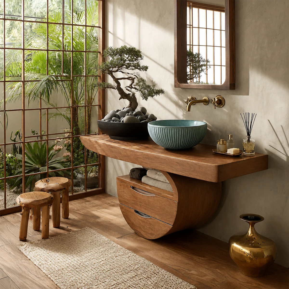Sculptural Floating Bathroom Vanity with Curved Storage Base in Natural Solid Wood