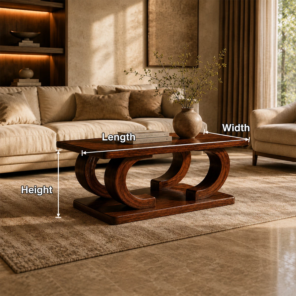 Rectangular Arch Wood Coffee Table – Sculptural Natural Wood Center Table for Living Room