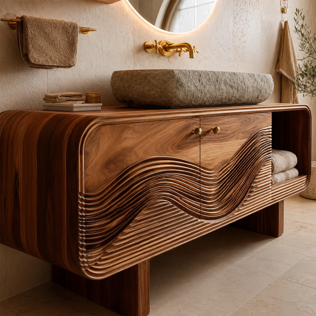 Modern Solid Wood Bathroom Vanity with Sculpted Wave Front and Open Shelf