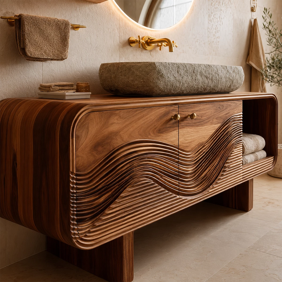 Modern Solid Wood Bathroom Vanity with Sculpted Wave Front and Open Shelf