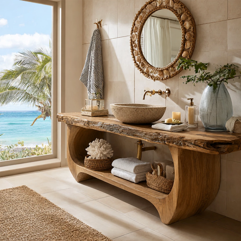 Live Edge Bathroom Vanity with Sculptural Open Shelf in Natural Solid Wood