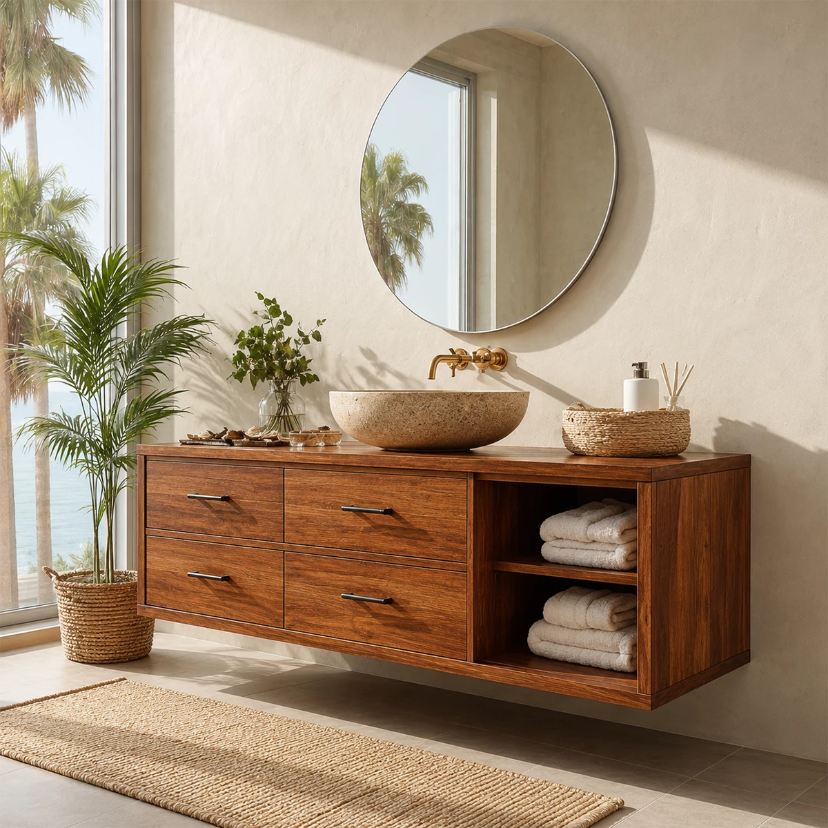 Floating Bathroom Vanity with Open Shelf and Four Drawers in Natural Solid Wood