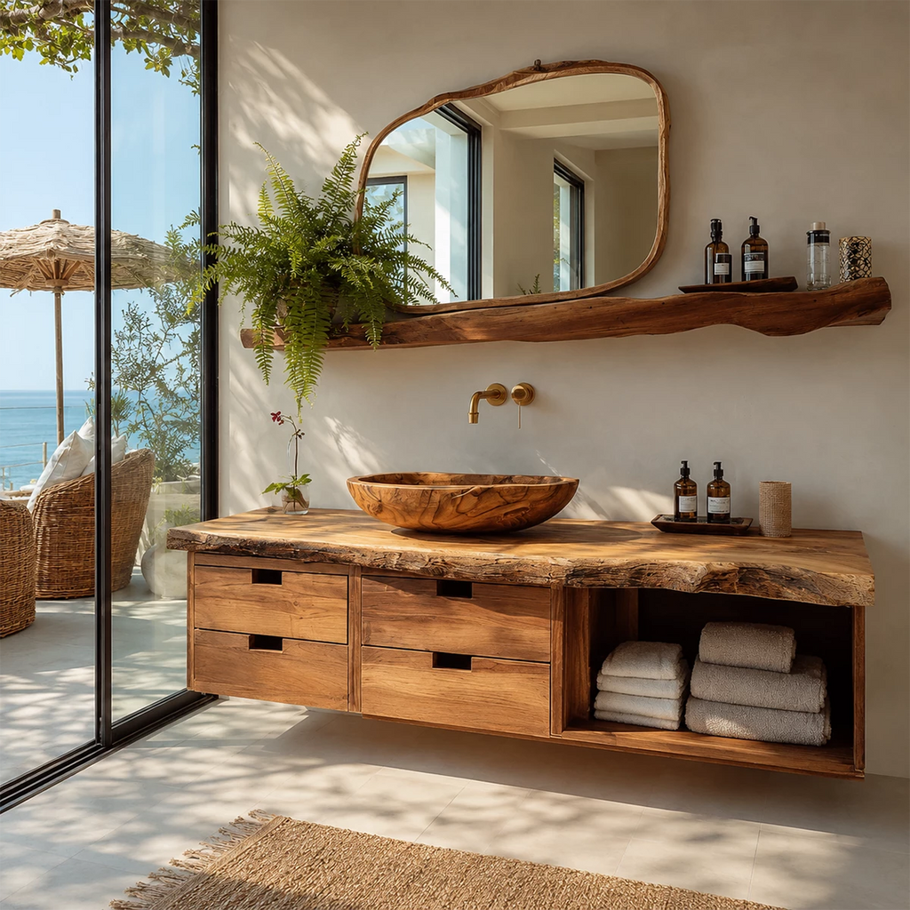 Floating Live Edge Solid Wood Bathroom Vanity with Four Drawers and Open Shelf