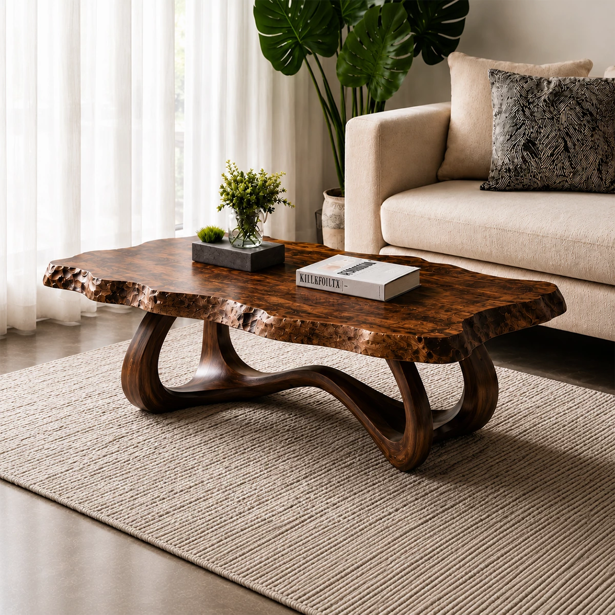 Live Edge Burl Wood Coffee Table – Sculptural Natural Wood Center Table for Modern Living Room