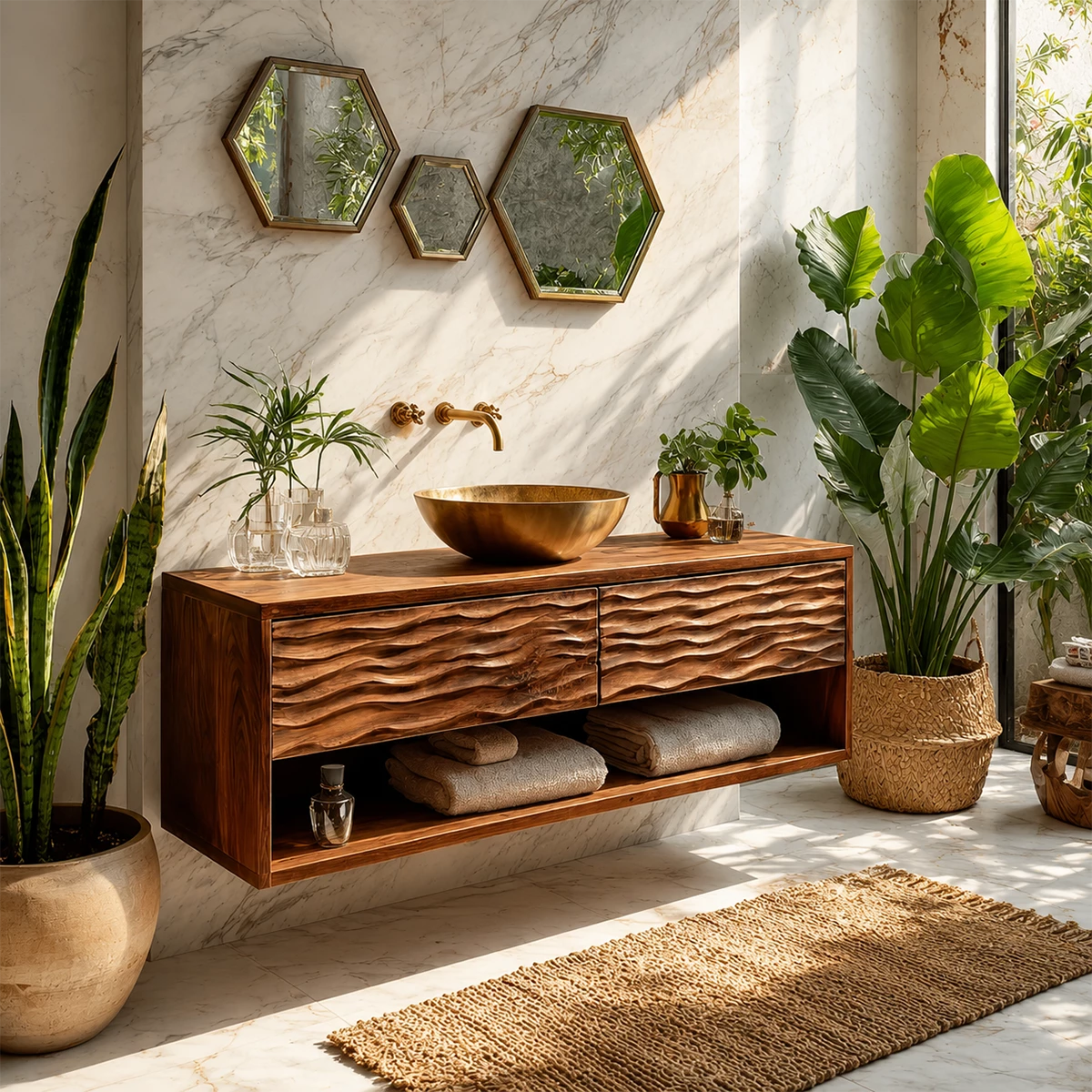 Floating Solid Wood Bathroom Vanity with Carved Wave Drawers and Open Storage