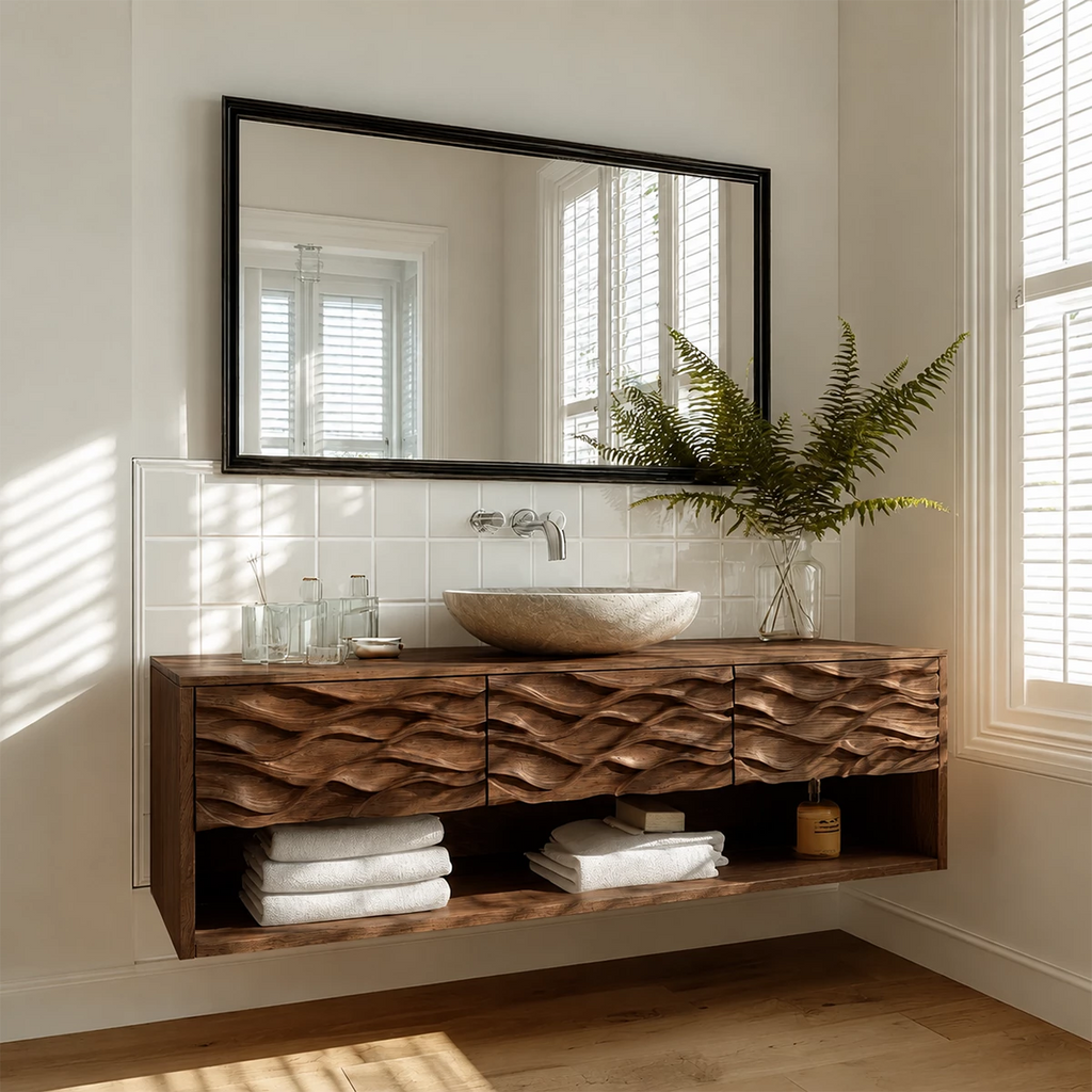 Floating Solid Wood Bathroom Vanity with Carved Wave Front and Open Shelf