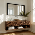 Floating Solid Wood Bathroom Vanity with Carved Wave Front and Open Shelf