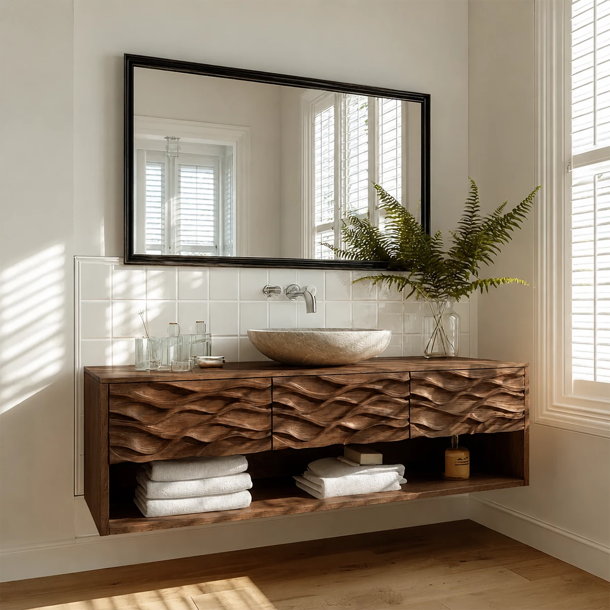 Floating Solid Wood Bathroom Vanity with Carved Wave Front and Open Shelf
