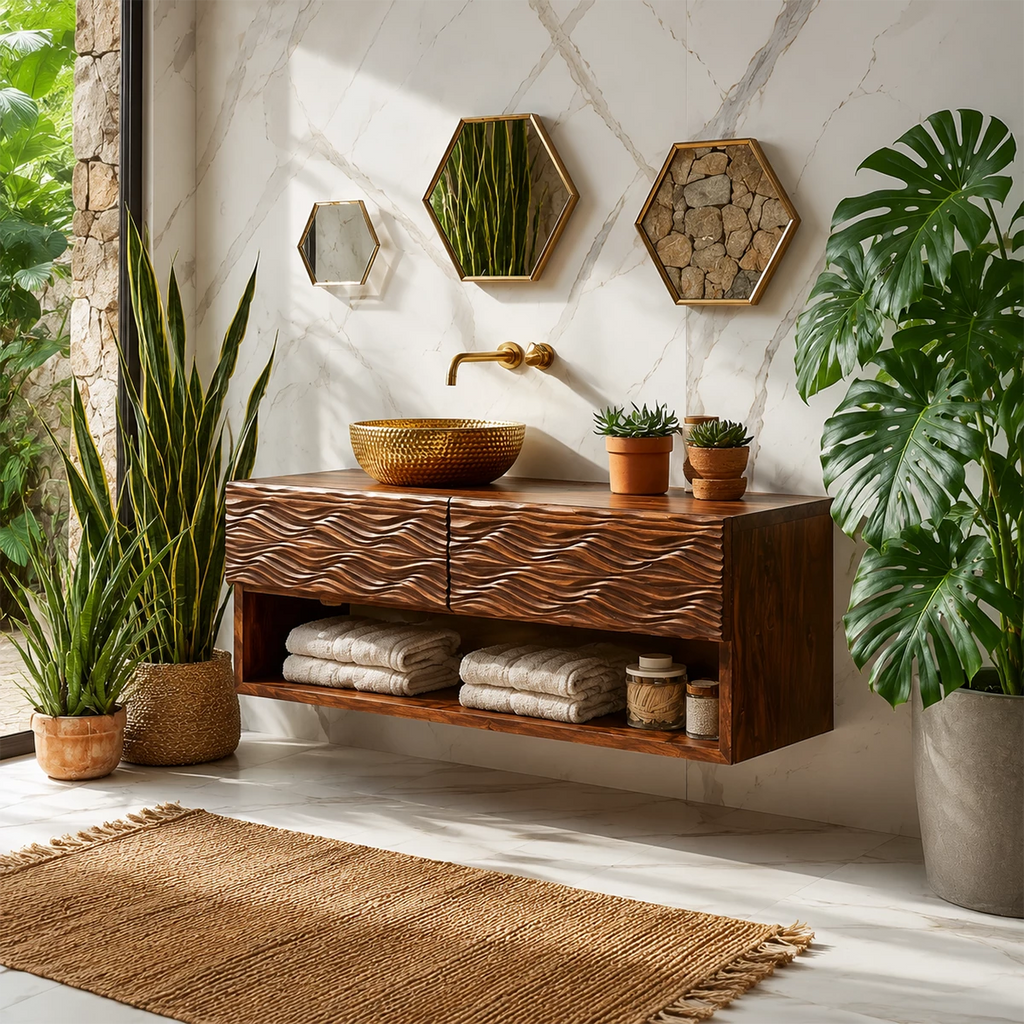 Floating Solid Wood Bathroom Vanity with Carved Wave Doors and Open Shelf
