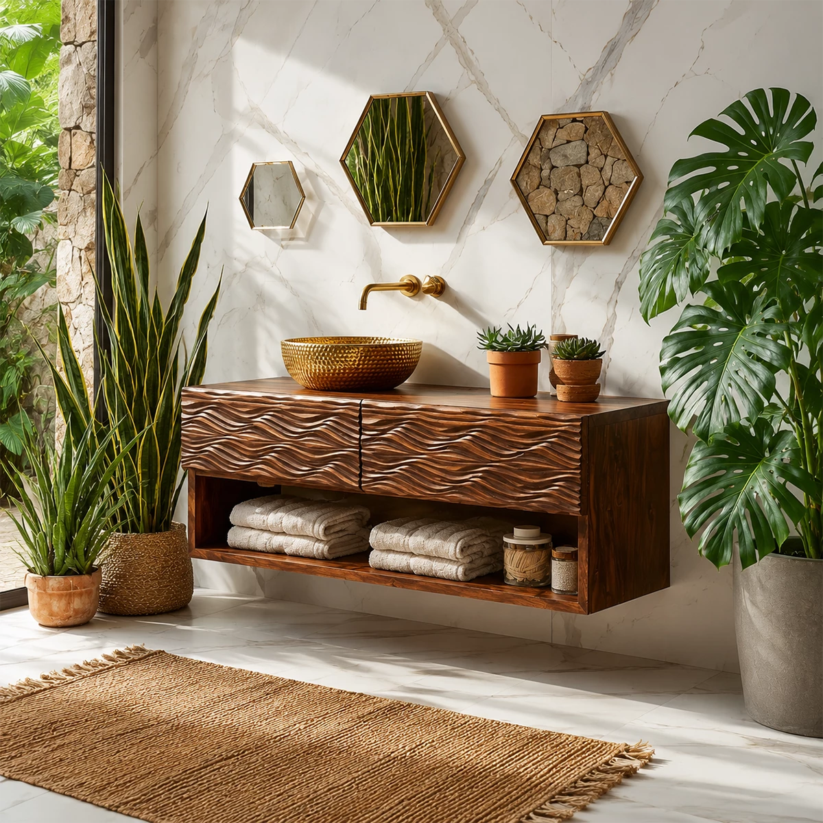 Floating Solid Wood Bathroom Vanity with Carved Wave Doors and Open Shelf