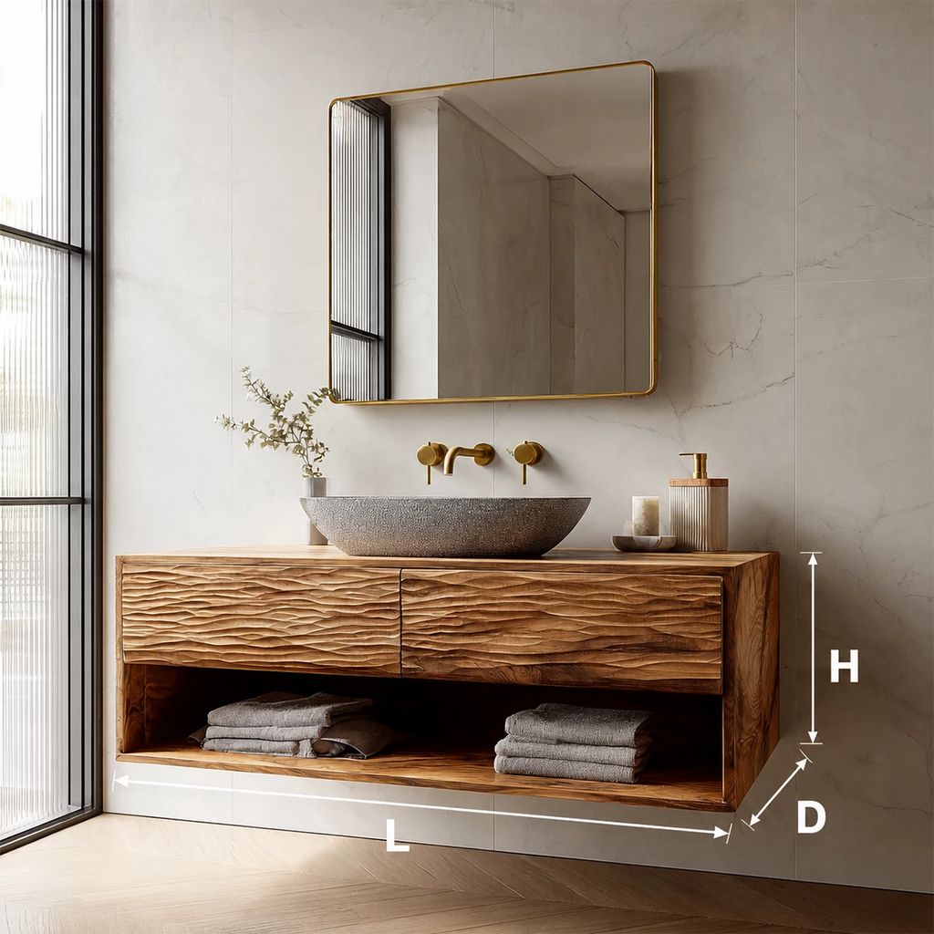 Floating Solid Wood Bathroom Vanity with Textured Front & Open Shelf Storage