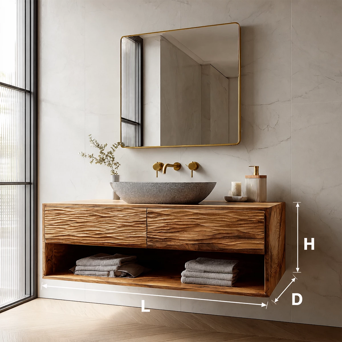 Floating Solid Wood Bathroom Vanity with Textured Front & Open Shelf Storage