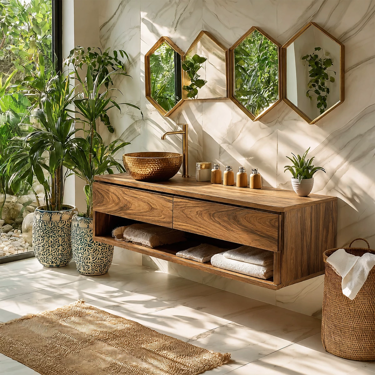 Floating Bathroom Vanity with Open Shelf and Dual Drawers in Natural Solid Wood