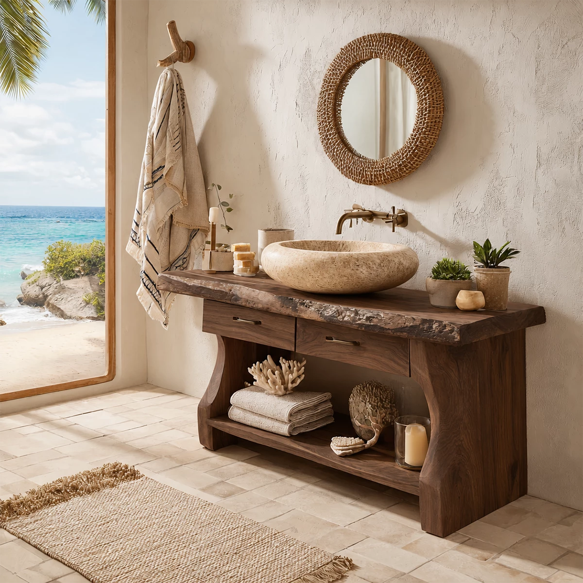 Live Edge Bathroom Vanity with Open Shelf in Natural Solid Wood