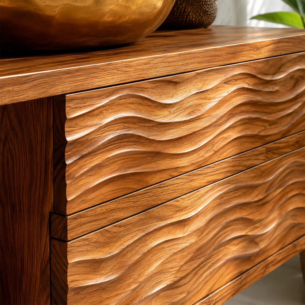 Floating Solid Wood Bathroom Vanity with Wave Carved Drawers and Open Shelf